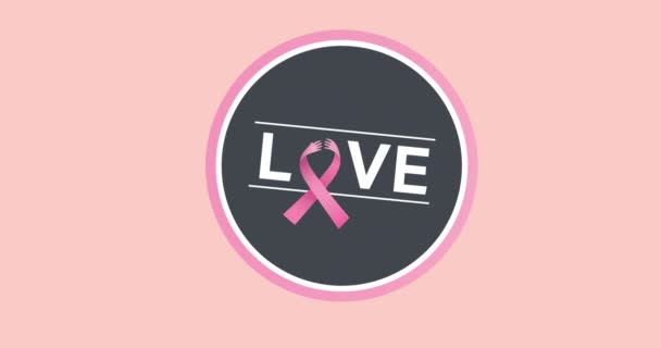 ピンクのリボンのロゴとピンクの背景に現れるラブテキストのアニメーション 乳がん認知キャンペーンのコンセプトデジタル生成ビデオ — ストック動画