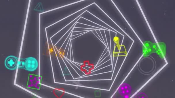 Κινούμενα Σχέδια Εικονίδια Παιχνιδιού Που Πέφτουν Πάνω Από Γεωμετρικά Σχήματα — Αρχείο Βίντεο