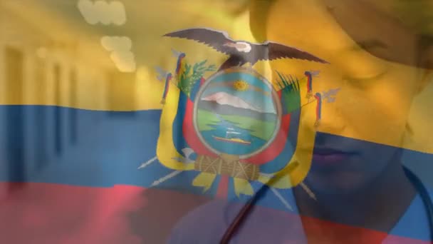 Digital Sammansättning Ecuador Flagga Viftar Mot Afrikansk Amerikansk Kvinna Sjukhuset — Stockvideo