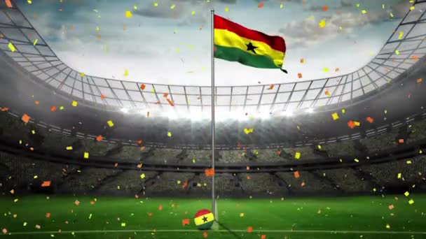 Animación Confeti Colorido Que Cae Sobre Bandera Ghana Campo Estadio — Vídeo de stock