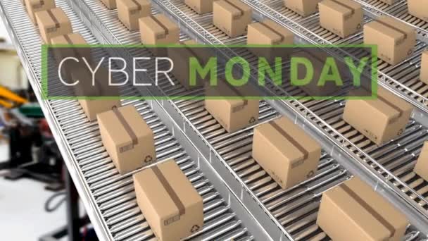 Cyber Måndag Text Banner Över Flera Leverans Lådor Transportband Mot — Stockvideo