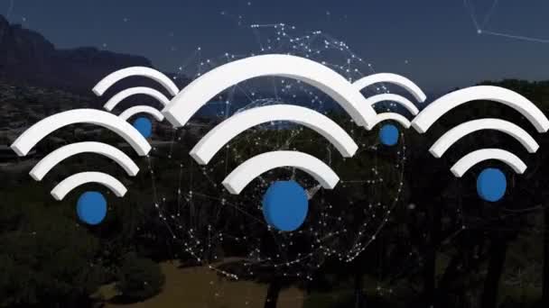 Animation Wifi Digital Icons Floating Globe Connections Landscape — Stock Video