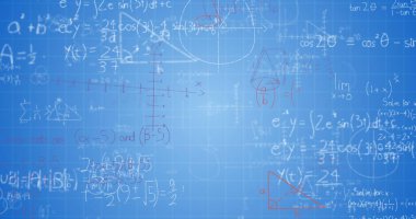 Matematiksel denklemlerin mavi arkaplan üzerindeki görüntüsü. Okul kavramına geri dönüş dijital olarak oluşturulan imaj.
