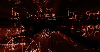 Matematiksel denklemlerin siyah arkaplan üzerindeki görüntüsü. Okul kavramına geri dönüş dijital olarak oluşturulan imaj.