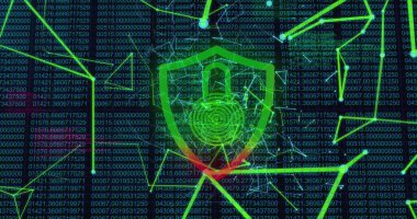 Güvenlik asma kilit simgesi ve siyah arkaplan üzerindeki bağlantı ağının dijital görüntüsü. Dijital çevrimiçi güvenlik bilgisayarı kavramı