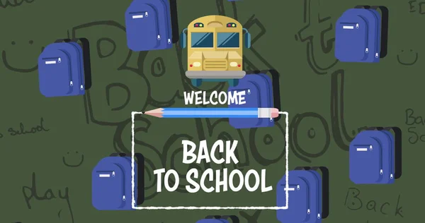 Image Welcome Back School Text School Items Icons Green Background — Stock Photo, Image