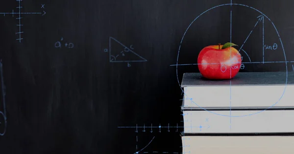 Red Apple Top Pile Books While Mathematical Equations Graphs Move — Stock Photo, Image