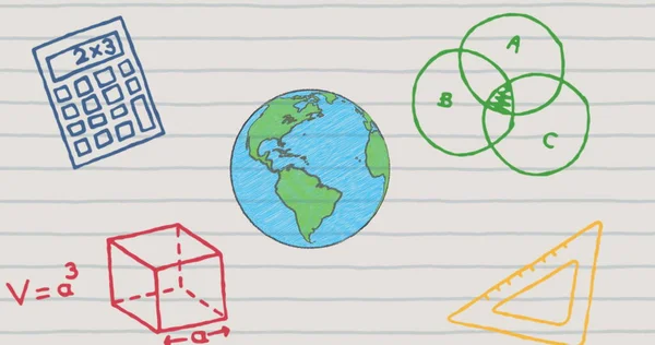 Image Hand Drawn Globe School Icons Ruled Paper Education Learning — Stock Photo, Image