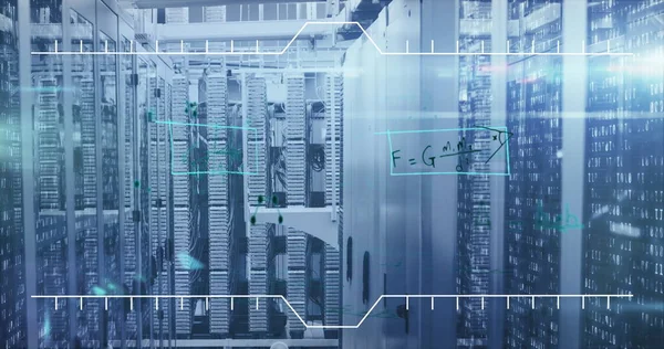 技术室内计算机服务器网络上的手写数学方程和数字接口图像 全球数字计算机网络概念数字生成的图像 — 图库照片