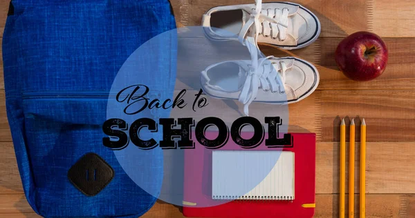 Image Black Back School Text Blue Circle Schoolbag Shoes Stationery — Stock Photo, Image
