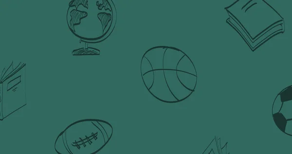 Image Black Outline Sports Balls Globe Books Green Chalkboard School — Stock Photo, Image