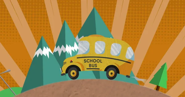 Iskolabusz Piktogramjának Képe Épületpiktogramokkal Háttérben Oktatás Vissza Iskolába Koncepció Digitálisan — Stock Fotó