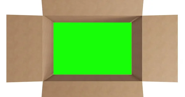 绿色屏幕的头顶在褐色纸板箱上 盖子在白色背景上打开 准备装运或运输的包装箱 — 图库照片