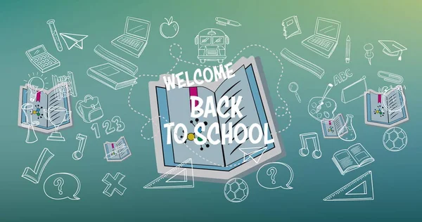 Image Welcome Back School Text School Items Icons Green Background — Stock Photo, Image