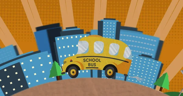 Afbeelding Van Het Pictogram Van Schoolbus Met Pictogrammen Van Gebouwen — Stockfoto