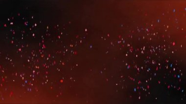 Koyu arkaplanda turuncu ışık lekeleri olan renkli konfeti düşüşünün animasyonu. Kutlama, parti, enerji, iletişim ağı ve olay konsepti dijital olarak oluşturulmuş video.