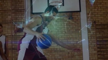 Basketbolcuların spor salonundaki animasyonları. global spor, fitness ve veri işleme konsepti dijital olarak oluşturulmuş video.