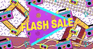 Parlak renkli retro kasetçalar desenli sarı harflerle flash satış metninin animasyonu. alışveriş, perakende ve tasarruf konsepti dijital olarak oluşturulmuş video.