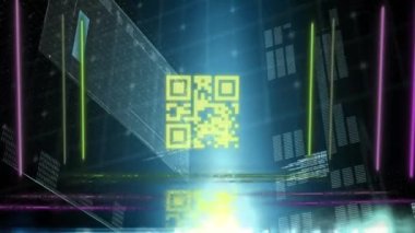 Mavi arkaplandaki veri işleme üzerinde parlak çizgiler ve neon sarı QR kodunun dijital animasyonu. barkod tanımlama ve teknoloji kavramı