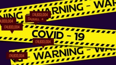 Konuşma baloncuklarındaki numaralar sarı polis bantlarına karşı uyarı ve covid-19 mesajlarıyla değiştiriliyor. Coronavirus covid-19 salgın konsepti