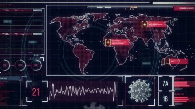 Siyah zemin üzerinde covid-19 hücresi taraması için veri işleme ile dijital arayüz. Coronavirus covid-19 salgın konsepti