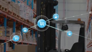 Depoda forklift makinesine karşı yüzen dijital simgeler ağı. lojistik ve ulaşım sektörü kavramı