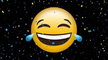 Gülen surat emojisinin üzerine düşen konfetilerin dijital animasyonu. ifade ve iletişim kavramı