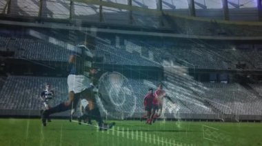 Spor stadyumundaki veri işleme ve ragbi oyuncularının animasyonu. küresel spor ve yarışma konsepti dijital olarak oluşturulmuş video.