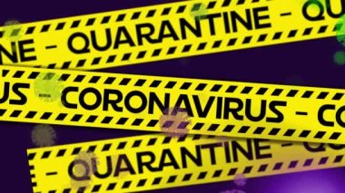 Karantina ve koronavirüs metniyle sarı polis bantlarına karşı yüzen Covid-19 hücreleri. Coronavirus covid-19 salgın konsepti
