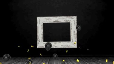 Altın konfetilerin düşüşü ve siyah arkaplanda yüzen birden fazla siyah balon. etkinlik dekorasyonu ve parti kutlama konsepti