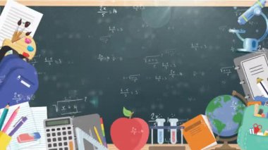 Kara tahtaya karşı yüzen matematik denklemleri üzerine çoklu okul konsepti simgeleri. Okula ve eğitim konseptine dönüş