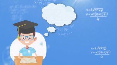 Matematiksel denklemlere karşı konuşma balonunda ikon değiştiren mezun çocuk ikonu. Okula ve eğitim konseptine dönüş
