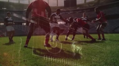 Spor stadyumundaki veri işleme ve ragbi oyuncularının animasyonu. küresel spor ve yarışma konsepti dijital olarak oluşturulmuş video.