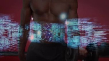 Kaslı adam egzersizi üzerine veri işleme animasyonu. spor ve yarışma konsepti dijital olarak oluşturulmuş video.