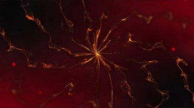 Siyah arka planda parlayan turuncu enerji ağıyla kırmızı konfetilerin düşüşünün animasyonu. kutlama, parti, enerji ve olay konsepti dijital olarak oluşturulmuş video.