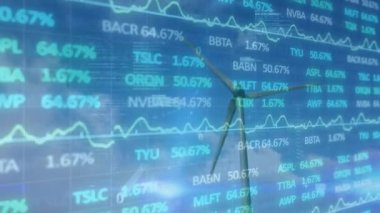 Rüzgar türbini üzerinde finansal veri işleme animasyonu. 