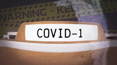 Sarı polis bantlarına karşı covid-19 komplo metni pankartının dijital animasyonu. Coronavirus covid-19 salgın konsepti