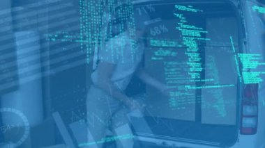 Beyaz kuryeyle ilgili istatistiksel veri işleme minibüsündeki teslimat kutularını kaldırıyor. lojistik ve ulaşım sektörü kavramı