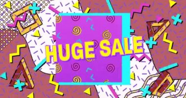 Parlak renkli retro desenli sarı harflerle satılan metinlerin animasyonu. alışveriş, perakende ve tasarruf konsepti dijital olarak oluşturulmuş video.