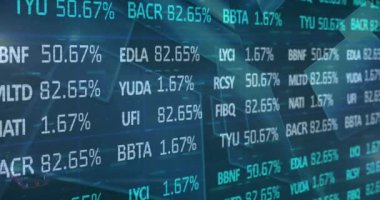 Mavi arka planda istatistik ve veri işleme animasyonu. küresel iş, dijital arayüz ve teknoloji konsepti dijital olarak oluşturulmuş video.