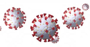 Beyaz arka planda yüzen çoklu covid-19 hücre ikonlarının dijital animasyonu. Coronavirus covid-19 salgın konsepti