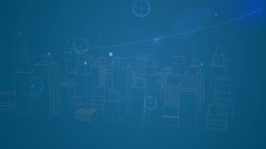 Mavi arka planda dönen üç boyutlu şehir modelinin üzerindeki ışık ve ışık izleri. küresel ağ ve mimari mühendislik teknolojisi kavramı