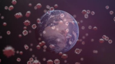 Mavi zemin üzerinde dönen dünyaya karşı yüzen çoklu covid-19 hücrelerinin dijital animasyonu. Coronavirus covid-19 salgın konsepti