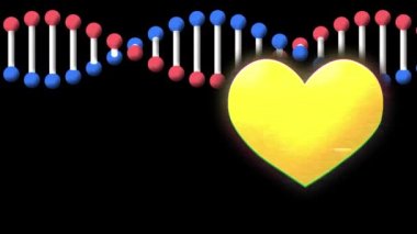 Siyah arka planda dönen sarı kalp ikonu ve DNA yapısı. Sosyal medya ağı ve teknoloji kavramı