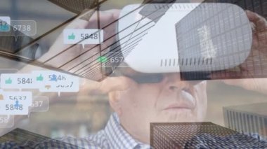 Digital icons with increasing numbers over senior man wearing vr headset against tall buildings. social media networking and entertainment technology concept