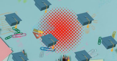 Mavi arkaplanda hareket eden okul ögeleri simgelerinin canlandırılması. okul, eğitim ve öğrenim konsepti dijital olarak oluşturulmuş video.