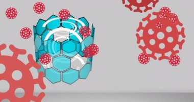 Soyut altıgen üzerinde yüzen çoklu covid-19 hücre simgeleri gri arkaplanda dönüyorlar. Coronavirus covid-19 salgın konsepti