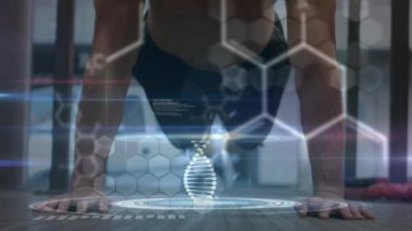 Animasyon DNA 'sı kas yapan adamın üzerinde. spor ve yarışma konsepti dijital olarak oluşturulmuş video.