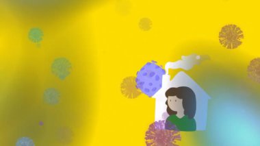 Sosyal uzaklık metni ve kovid 19 hücreleri sarı arka planda ev ikonunda kadınlara karşı yüzüyor. Coronavirus covid-19 salgın konsepti