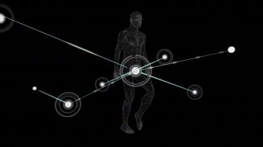 Siyah arka planda yürüyen insan vücudu modeline karşı bağlantı ağının dijital animasyonu. tıbbi araştırma ve teknoloji konsepti